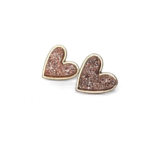 New Rose Gold Tone Lab Created Druzy Heart Stone Stud Earrings - Picture 5 of 7